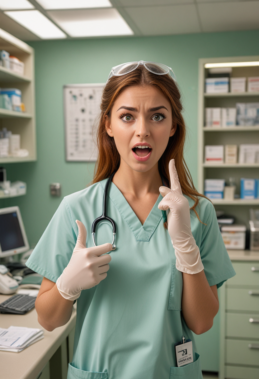 (medium full shot) of  (angelic doctor) young woman, arabian, tan skin, light green eyes, tiny build, long ginger hime cut hair,  wearing a medical uniform top, khakis, comfortable medical shoes, gloves, set in  Operating Room, Central hub with a desk for documentation and charting, storage cabinets containing surgical supplies and equipment, a rolling cart for transporting sterile instruments, a phone for coordinating with other hospital departments, a bulletin board displaying surgical schedules, at sunset, woman surprised, open mouth, pointing her finger at the viewer, Masterpiece,best quality, photo, realistic, very aesthetic, detailed face,