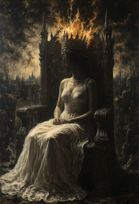 midjourneyv6.1, Dynamic angle, whole picture is in black and white with points of gold, in the shadows dark silhouette with golden crown on a giant dark throne, bride thin, pale skinned, small breasts, huge ornate intricate bright golden crown shines, bright white wedding dress, glowing dress, very long dress, dress goes out of the frame, throne is horror style, undistinguishable face covered in shadows, silhouette posture is very dominant sitting on the throne, golden glow fills the whole picture, intricate golden glow all over the crown, dark skies above the throne, background is a busy clouds and dark castle tops, epic scale. masterpiece, artsy, highly detailed