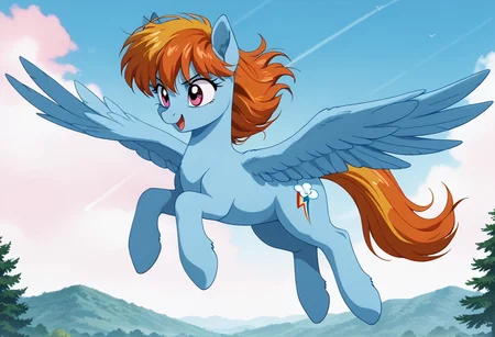 score_9, score_8_up, score_7_up, anime screencap, BREAK, wide shot, my little pony Dash, a pastel blue pegasus with magenta eyes and ginger blonde mane and tail, flying, source_feral, outdoors, daylight sky, source_anime, retro anime style