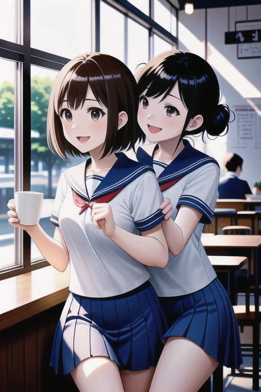 2 girls at coffee shop , sitting, school uniform, joyful talking, (anime) dancing!
<lora:LCM_LoRA_Weights_SD15:1>