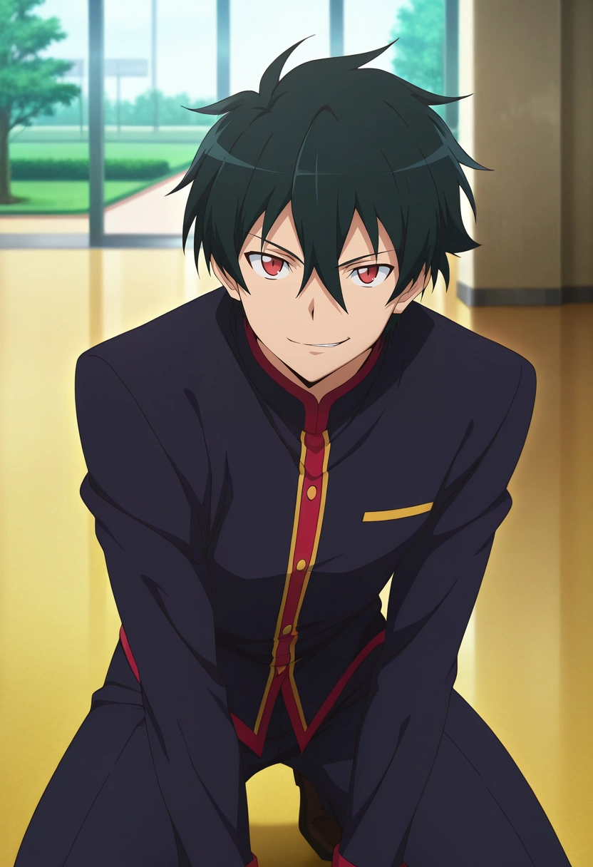 masterpiece, best quality, intricate details, anime screencap, , official style, looking at viewer, 1boy, solo, male focus, <lora:sadao_maou_ilxl:0.96>, sadao_maou, black hair, red eyes, short hair, hair between eyes, cowboy shot, park, indoors, light, kneeling, smirk,