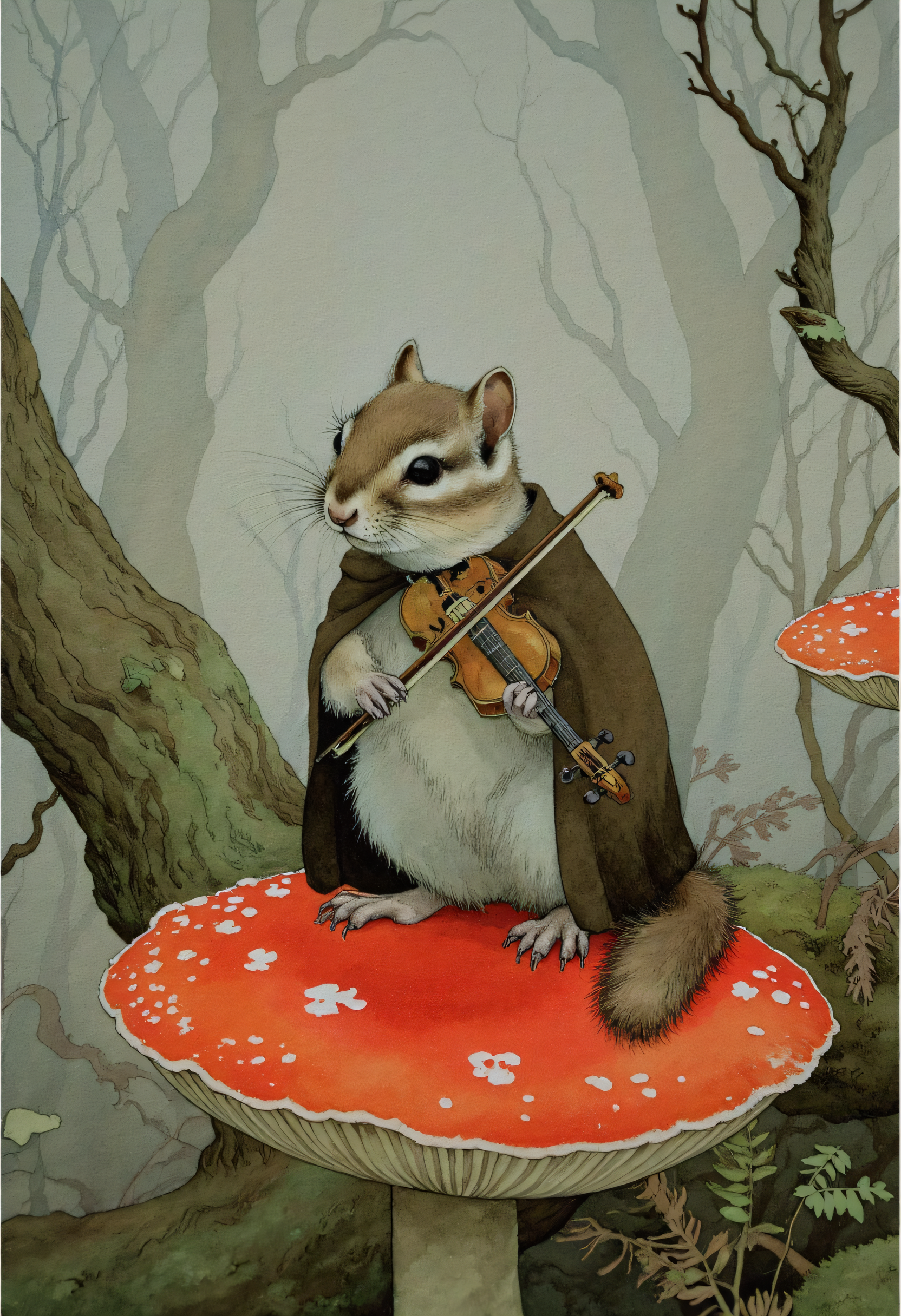This is a watercolor painting depicting a whimsical scene in a forest. The central subject is a small, anthropomorphic chipmunk, seated on a vibrant, bright orange mushroom. The chipmunk is playing a tiny violin, with a serene expression, suggesting a peaceful, almost magical atmosphere. The chipmunk has a soft, warm fur coat with a brownish hue and a small, fluffy tail. It is dressed in a tiny, dark brown cloak that drapes over its shoulders.  The mushroom it sits on is a striking red-orange color, contrasting vividly with the muted, earthy tones of the forest floor.