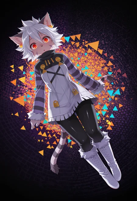 masterpiece, best quality, amazing quality, youta, dutch angle, elh, 1girl, solo, full body, :o, floating, furry female, cat ears, red eyes, orange eyes, short hair, white hair, shiny hair, facial mark, animal nose, body fur, striped tail, elhattire, earrings, fur trim, striped sleeves, white boots, black pants, detailed background, (color, colorful background, pattern, abstract, abstract background, shapes, sierpinski triangle:1.3), (dark, chromatic aberration:1.2)