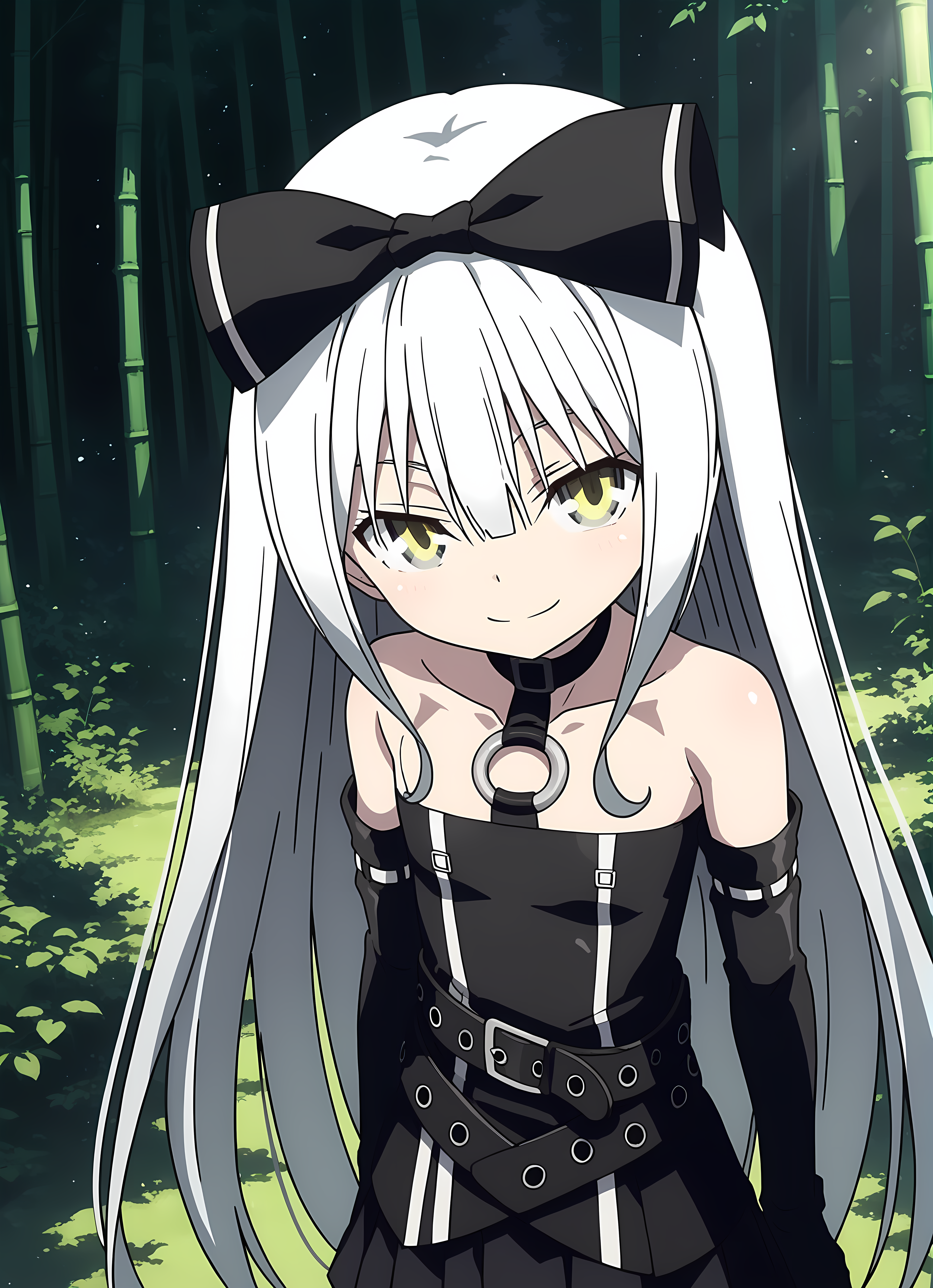 score_9,score_8_up,score_7_up,looking at viewer, shiny skin, upper body, light smile, petite,ohwx, grey_hair, long_hair, yellow_eyes, collarbone, very_long_hair, grey_eyes, hair_between_eyes, white_hair, short_hair, flat_chest, breasts,bare_shoulders, choker, bow, hair_bow, collar, ribbon, dress, skirt, black_bow, belt, black_dress, hair_ribbon, pantyhose, cosplay, gloves, elbow_gloves, black_pantyhose, hairband, thighhighs, shoes, necktie, pleated_skirt, o-ring, gothic_lolita, Old Japanese lantern in a bamboo forest, moss-covered, soft sunlight creating a peaceful scene,<lora:sora_pony_sobsynapse-000003:0.9>