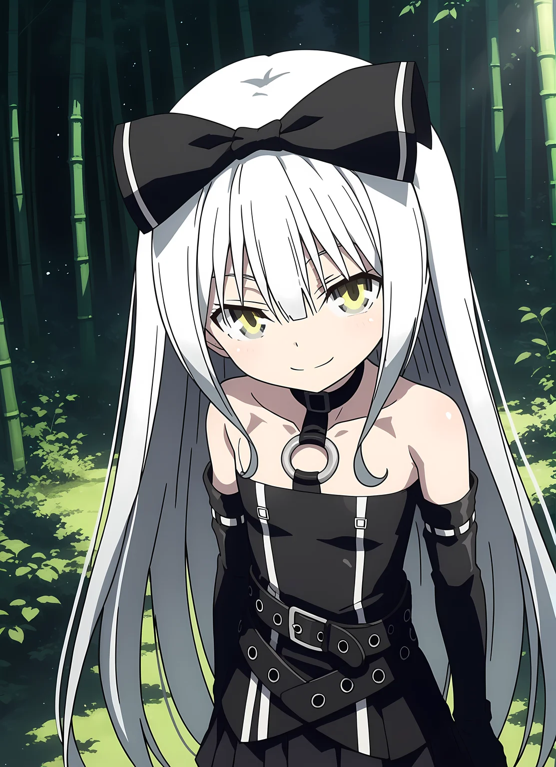 score_9,score_8_up,score_7_up,looking at viewer, shiny skin, upper body, light smile, petite,ohwx, grey_hair, long_hair, yellow_eyes, collarbone, very_long_hair, grey_eyes, hair_between_eyes, white_hair, short_hair, flat_chest, breasts,bare_shoulders, choker, bow, hair_bow, collar, ribbon, dress, skirt, black_bow, belt, black_dress, hair_ribbon, pantyhose, cosplay, gloves, elbow_gloves, black_pantyhose, hairband, thighhighs, shoes, necktie, pleated_skirt, o-ring, gothic_lolita, Old Japanese lantern in a bamboo forest, moss-covered, soft sunlight creating a peaceful scene,<lora:sora_pony_sobsynapse-000003:0.9>