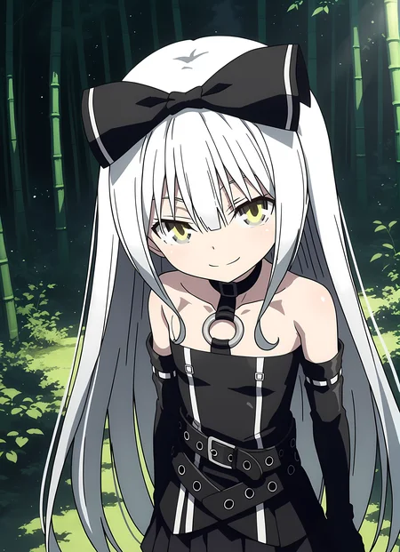 score_9,score_8_up,score_7_up,looking at viewer, shiny skin, upper body, light smile, petite,ohwx, grey_hair, long_hair, yellow_eyes, collarbone, very_long_hair, grey_eyes, hair_between_eyes, white_hair, short_hair, flat_chest, breasts,bare_shoulders, choker, bow, hair_bow, collar, ribbon, dress, skirt, black_bow, belt, black_dress, hair_ribbon, pantyhose, cosplay, gloves, elbow_gloves, black_pantyhose, hairband, thighhighs, shoes, necktie, pleated_skirt, o-ring, gothic_lolita, Old Japanese lantern in a bamboo forest, moss-covered, soft sunlight creating a peaceful scene,<lora:sora_pony_sobsynapse-000003:0.9>