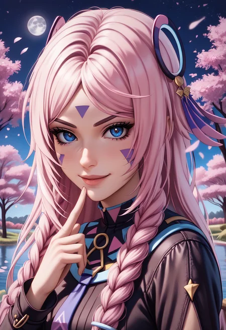 citlali
long hair,facial mark,blue eyes,twin braids,hair ornament
seduvice face, smirk smile
sit on chair, look at viewer, upper body can be seen, finger to lips, wind blowing hair
 garden, trees, lake, pink flowers, wind, night, moon, softlight, stars
Detailed background, detailed, DNDFG, Detailed drawing, Fixhand