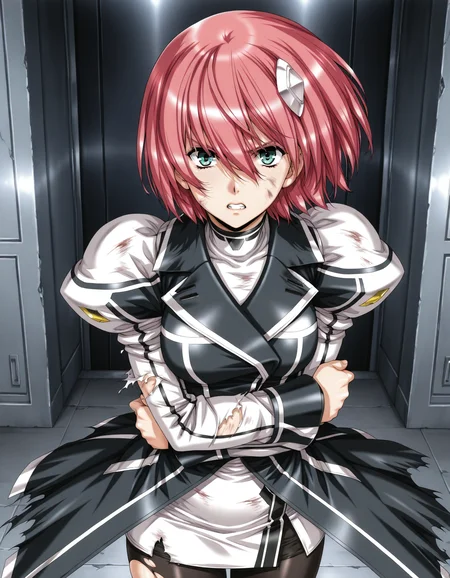 <lora:elessa-v2-illustrious-000080:1> elessa, hair ornament, juliet sleeves, coat, white skirt, miniskirt, pantyhose
1girl, solo, pov, battle damage, torn clothes, looking at viewer, determined, clenched teeth, serious, arm across waist, upper body