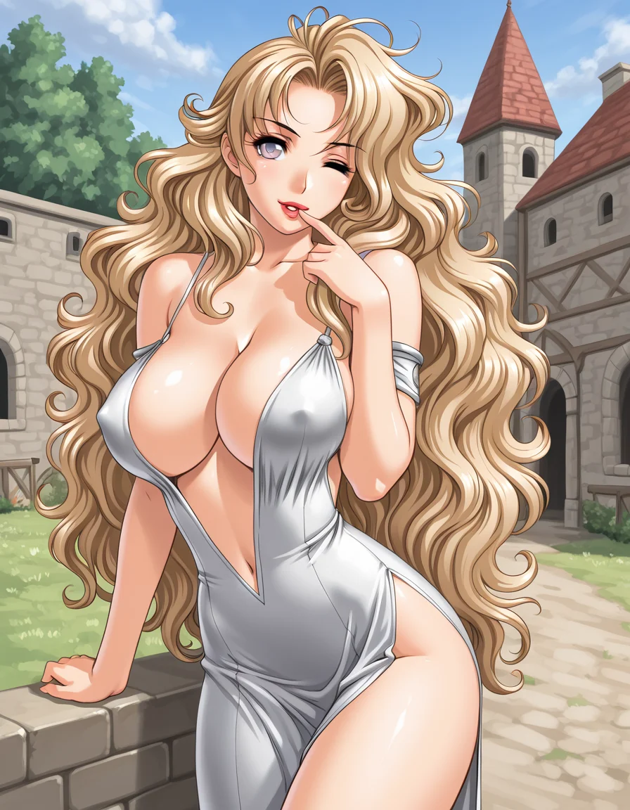 <lora:sano_toshihide_Illustrious:1>ststyle
fantasy, medieval, revealing dress, lipstick, fluffy hair, long hair, blonde hair, thick, big breasts, cleavage, high slit dress, makeup, white eyes, finger to mouth, wink, outdoors, attractive
