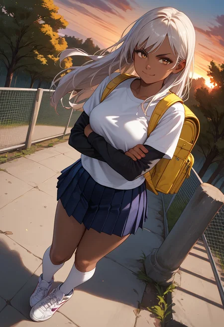 (score_9, score_8_up, score_7_up), 1girl, solo, white hair, hazel eyes, long hair, medium breasts, dark skin, dark skinned female, yellow backpack,
tree, sunset, dynamic light, grid fence, sky, standing, (kneehighs:1.2), white legwear, standing, action pose, power pose, confident pose, crossed arms,
fisheye, (dutch angle, full body shot, from above, pleated skirt, white t-shirt,black sleeves, sneakers:1.1),
(looking at viewer, smug:1.1),