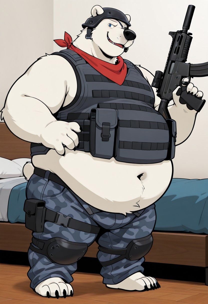 masterpiece, best quality, amazing quality, 1boy, solo, polar bear, bear snout, blue eyes, right eye patch, helmet, claws, male. anthro, male, black pawpads, cartoon style, 2d, overweight male, perfect eyes, (((detailed eyes))), expressive eyes, ((fat, chubby, obese, round belly)), ((excessive obesity)),, bedroom, inside, high quality, detailed, digital art, masterpiece, full body, (gray camouflage pants, gray tactical sleeveless vest, red bandana around the neck, arm wears), big butt, (standing,  dynamic pose, holding assault rifles, front view), vivid color, detailed face, perfect face, masterpiece, absurdres, intricate detail, very aesthetic, ds0d, ((three-quarter view:1.3)),  ((3/4_view))