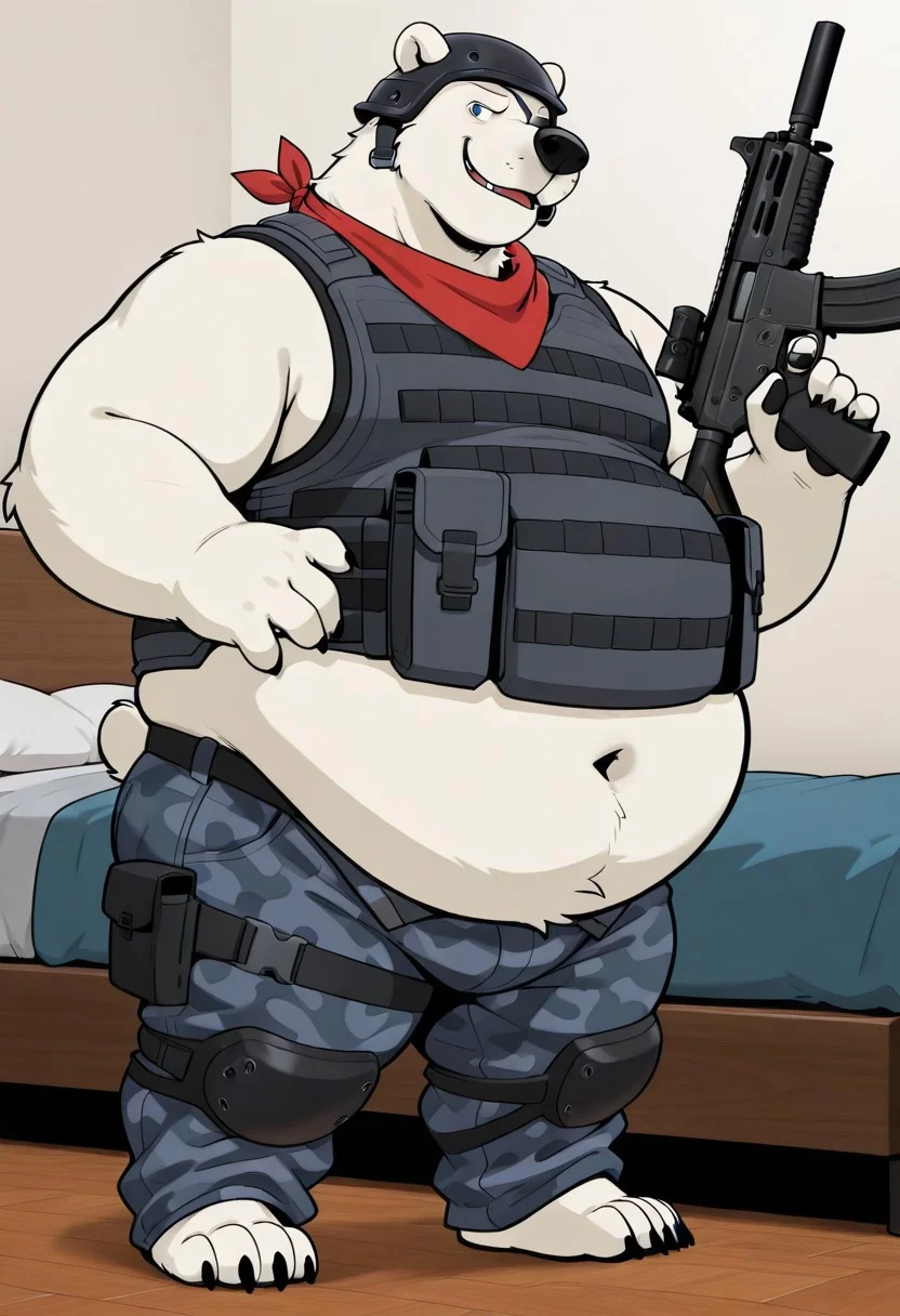 masterpiece, best quality, amazing quality, 1boy, solo, polar bear, bear snout, blue eyes, right eye patch, helmet, claws, male. anthro, male, black pawpads, cartoon style, 2d, overweight male, perfect eyes, (((detailed eyes))), expressive eyes, ((fat, chubby, obese, round belly)), ((excessive obesity)),, bedroom, inside, high quality, detailed, digital art, masterpiece, full body, (gray camouflage pants, gray tactical sleeveless vest, red bandana around the neck, arm wears), big butt, (standing, dynamic pose, holding assault rifles, front view), vivid color, detailed face, perfect face, masterpiece, absurdres, intricate detail, very aesthetic, ds0d, ((three-quarter view:1.3)), ((3/4_view))