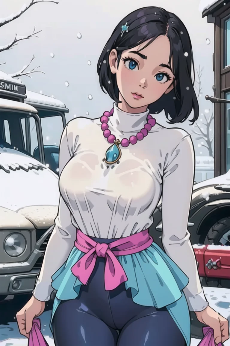 girl, (hotify:1.2), (milf:1.4), (Snowing,Safari:1.4),Hourglass Body,Falling Breasts,(Head Tilt),Medium Hair,Pageboy,(cerulean Tunic,fuchsia Leggings:1.3),Street Fighter,Bead Necklace ,(masterpiece,detailed,highres:1.4)