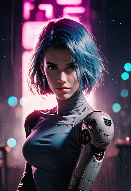 score_9, score_8_up, score_7_up, cyborg, ar3na1989, Kodak Motion Picture Film Style, 1girl, blue hair, (neon purple light), pop singer, (bokeh), sci-fi, dark atmosphere, moody, cybernetic implants, aesthetic,