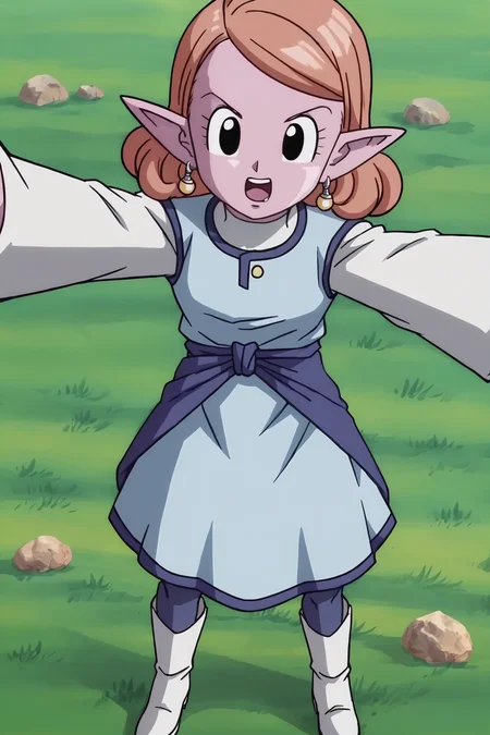 source_anime, score_9, score_8_up, score_7_up, anime screencap,8k, absurdres, selfie, from above, chronoa, 1girl, solo, open mouth, potara earrings, white footwear, pointy ears, orange hair, black eyes, colored skin, moon, grass, rock, white pants, white undershirt, purple footwear, boots, small breasts, shoe soles, turtleneck, Sacred World of the Kai, eyelashes, blue dress, blue sash, curly hair, high heel boots, official style, v
<lora:chronoa_pony_v2:0.8>