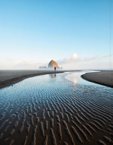 A photograph of a lone person standing in the middle of the frame, facing away from the viewer, with the vast expanse of Cannon Beach, Oregon in the background. the person is silhouetted against the clear blue sky, standing amidst the calm, reflective water and sand ripples on the beach, creating a sense of depth and perspective. in the distance, a large, spiky rock formation, known as haystack rock, is visible, partially obscured by the mist, casting a golden glow on the surrounding landscape. the sky is a clear blue, with a few wispy clouds scattered across it, adding to the serene atmosphere of the scene. the water is calm and reflects the light, with ripples in the sand creating a rippled effect on the water's surface. the overall mood of the image is peaceful and serene, capturing the tranquility of the moment perfectly. <lora:Landscapes_II_epoch_8:1>