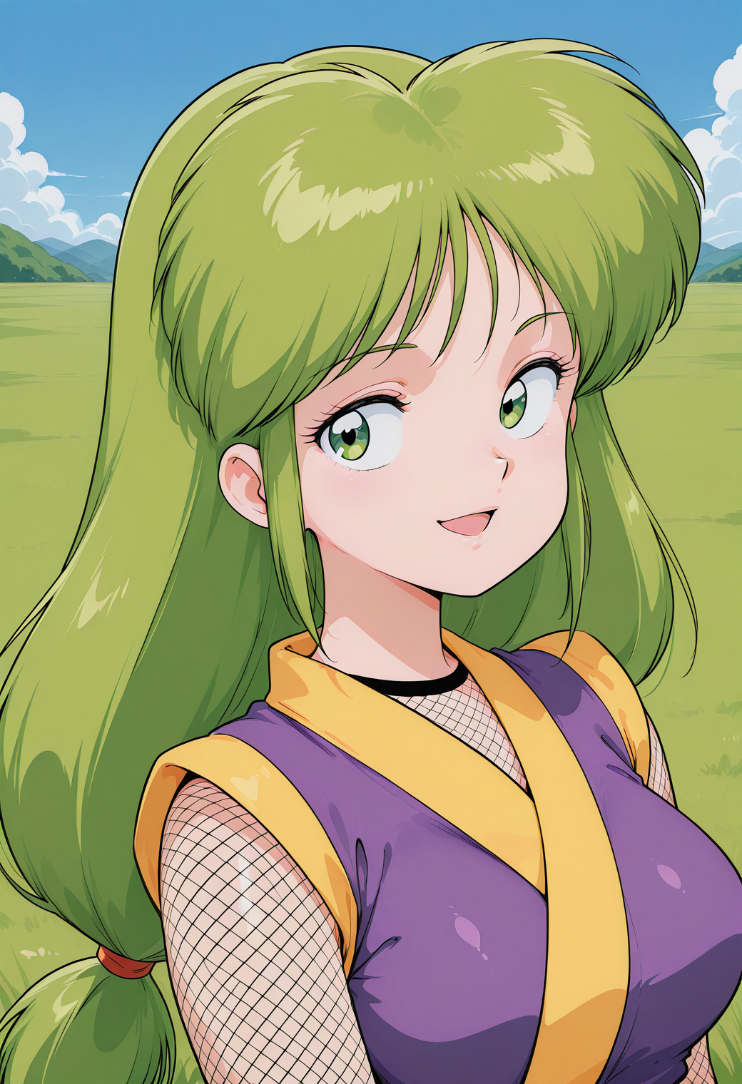 yaechan, retro artstyle, green eyes, green hair, long hair, low-tied long hair, purple kimono, short kimono, sleeveless, yellow sash, fishnet bodysuit, <lora:yaechan_illustrious_ver2:0.8> 
smile,, masterpiece, best quality, sensitive,, 1girl, solo, blue sky, (grasslands:1.2), looking at viewer,, (upper body:1.2), (open eyes:1.4), (portrait:1.4)