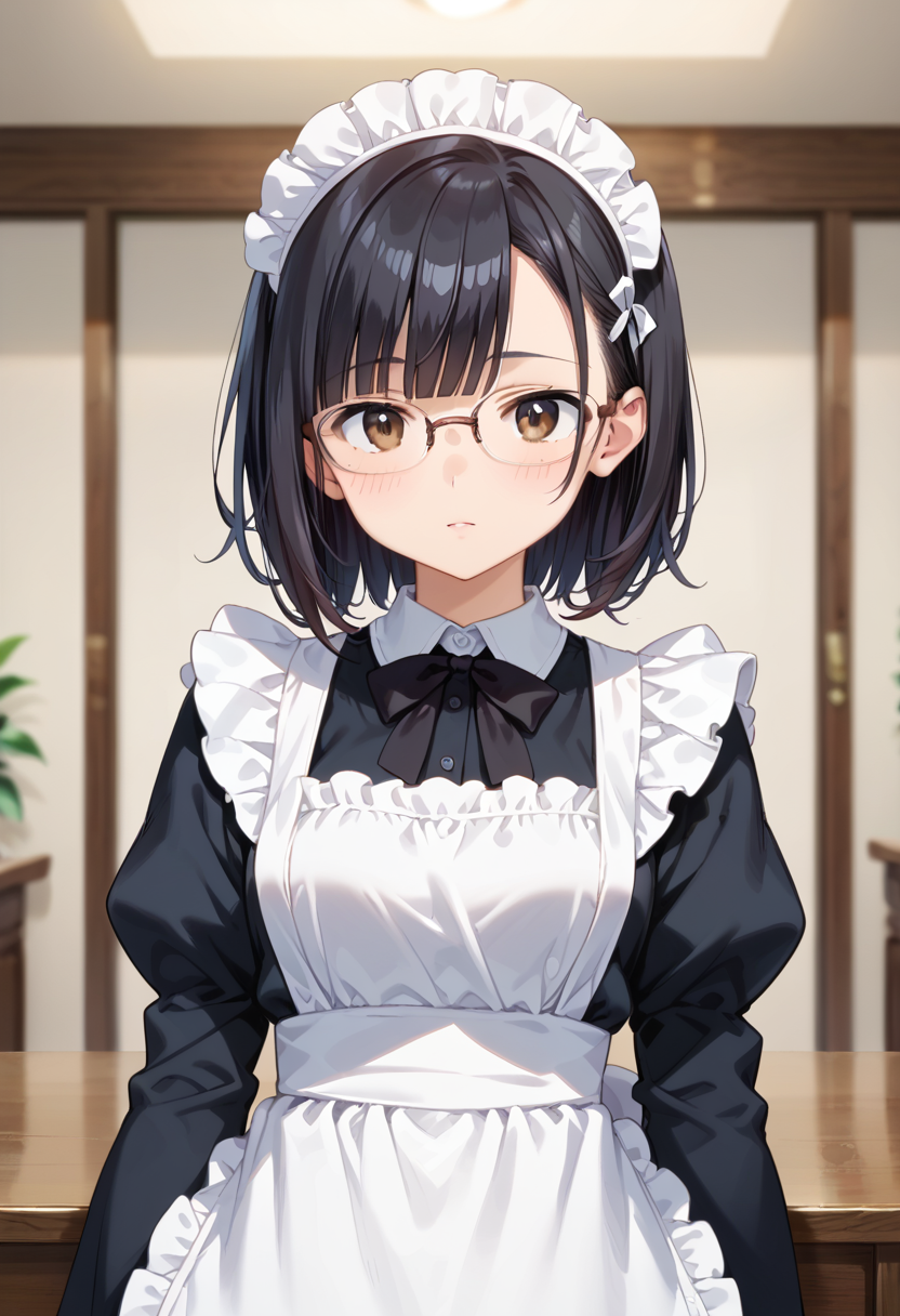 score_9, score_8_up, score_7_up, rating_safe, masterpiece, best quality, absurdres, unity 8k wallpaper, official art, official style, source_anime, uncensored, game cg, megami magazine,
1girl, solo, black hair, medium hair, upper body, covered eyes,maid, maid headdress, black dress, maid apron, face focus,
halfrim17s,  still life, white background, simple background, brown-framed eyewear,
 <lora:glasses_halfrim17S_PONY_V1:1>