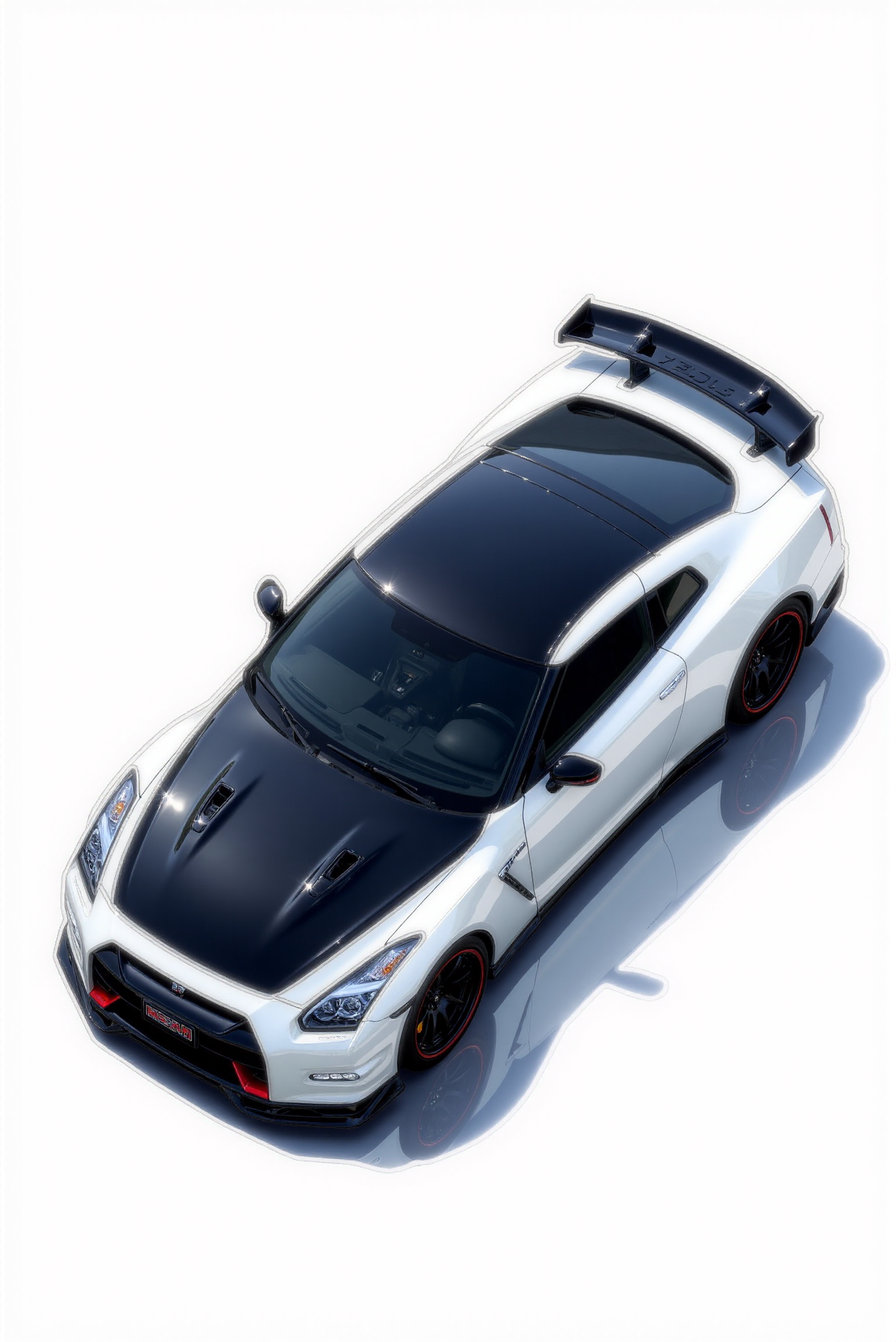 <lora:Nissan_GT-R_R35:0.7>  A from isometric perspective of a gorgeous Nissan GT-R R35 in all its shining glory. In a style of clean look. The car has flashy white paint job with pitch black undertone. Mirror-like, high gloss finish catches bright highlights. Vibrant color palette.
