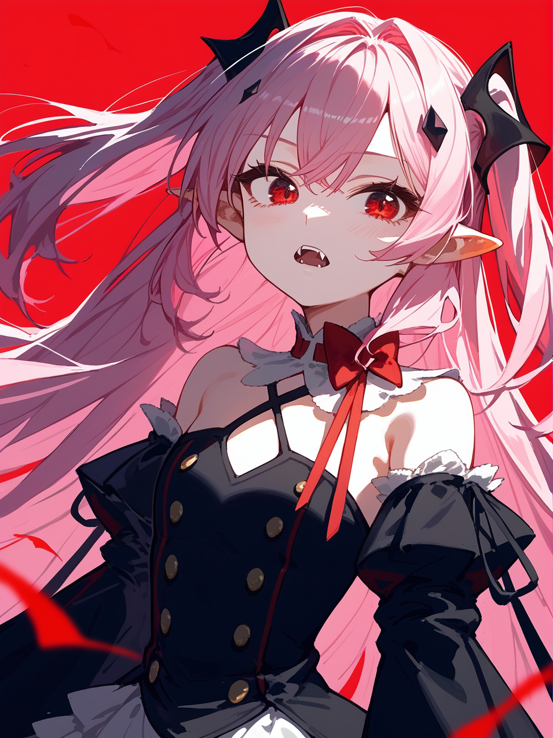 (score_9, score_8_up, score_7_up:1.1), 1girl, closeup face, portrait, two side up, pink hair, red eyes, pointy ears, hair ornament, detached sleeves, detached collar, black dress, black skirt, waist cape, bowtie, plain red background, (shaft head tilt:0.9), fangs <lora:Krul Tepes2:0.9>  <lora:shaft_head_tilt-PD-1.0-all:0.9>