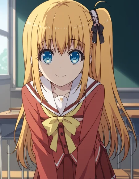 score_9, score_8_up, score_7_up, source_anime,
yusakurobane, <lora:yusa-kurobane-s1-ponyxl-lora-nochekaiser:1>,
yusa kurobane, long hair, blue eyes, blonde hair, hair ornament, ribbon, hair ribbon, one side up, side ponytail,
school uniform, serafuku, long sleeves, red blazer, red skirt, pleated skirt, white sailor collar,
indoors, classroom, bent over, smile,
looking at viewer, cowboy shot, solo, dutch angle,