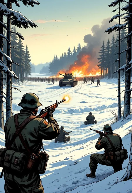 a dramatic World War II battle scene in a comic book style. The viewpoint is from behind Finnish soldiers in winter camouflage, entrenched at the snowy edge of a dense forest. They are aiming their weapons—rifles and machine guns—at a massive human wave of advancing Soviet soldiers across an open snow-covered field. Soviet troops are supported by T-26 tanks rolling forward. The atmosphere is intense and chaotic, with explosions, smoke, and dynamic action lines to emphasize the drama. Focus on details like the soldiers' winter gear, snow-covered terrain, and the contrast between the forest and open field. The tone should be gritty, heroic, and full of action, highlighting the bravery of the defenders. illustration