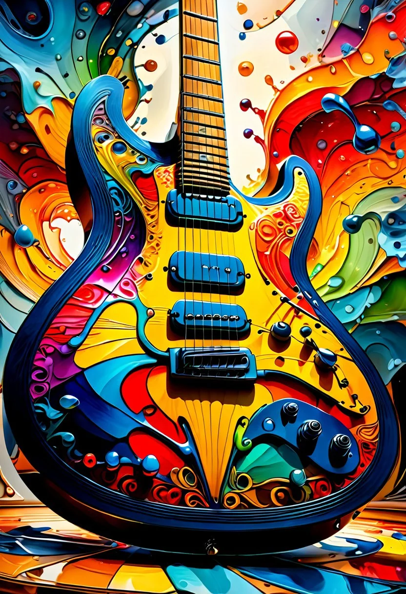 a colored painting of a Guitar in a music room , (8k, RAW photo, best quality, masterpiece:1.2),best quality, ultra high res,(sharp focus:1.2),DOF, geometric patterns, intricately detailed, perfectly balanced, deep fine edges, artistic photorealism,photorealism, vivid colors,, 8K, UHD, many details, extreme detailed, full of details, BadDream, Jed-Splash, <lora:ColourfullSplashStyle:0.5>