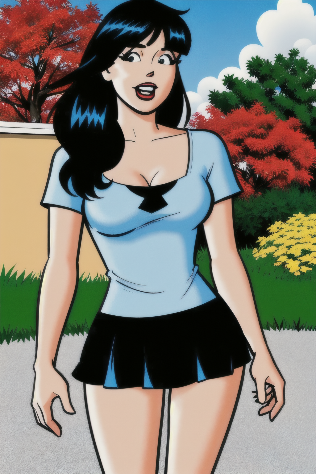in the Patio, (Realistic:1.5) 1girl, solo, long hair, breasts, open mouth, black hair, dress, holding, cleavage, standing, Skater skirt with a graphic tee, <lora:EdobVeronicaLodgeDanParent_v2.0:0.8>