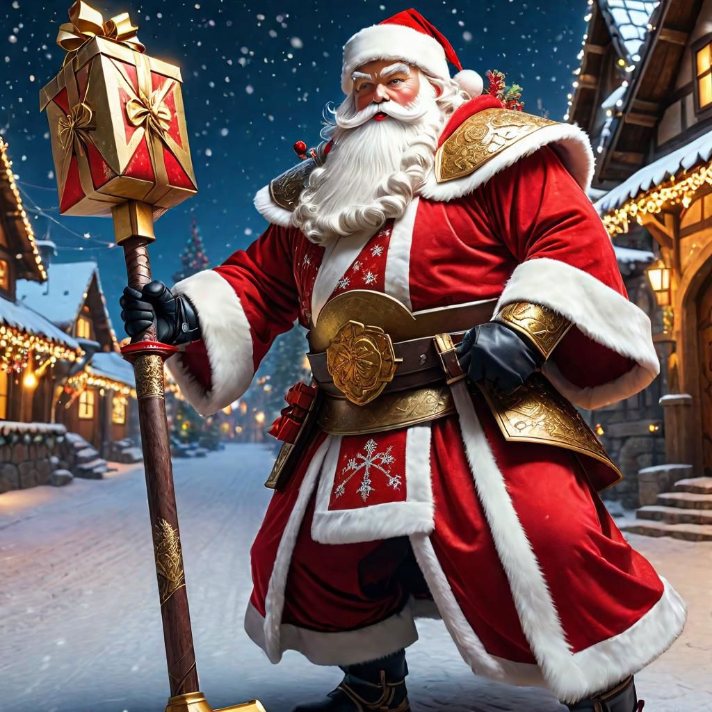 Epic mastepiece action picture of ((Santa)) dressed in santa ((red and white samurai armor)) swigning a massive (war hammer) with a golden (giftbox sculpted head),  in the street of a snowy christmas decorated medieval village, christmas lights,  indirect lights, cinematic lighting, dramatic lighting, masterpiece, UHD, HDR, 8K, highly detailed,