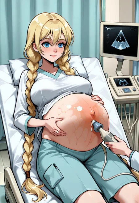 easynegative, negative_hand, slavya, large breasts, slavya, blonde hair, very long hair, long hair, twin braids, blue eyes, 
<lora:Ultrasound_V2:1> ultrasound, pregnant, caressing pregnant belly ((Pregnant belly torpedo)), ((pronounced belly)), (11 months pregnant overdue), indoors, hospital bed, shorts, white shirt, looking at monitor, shirt lift, lying, doctor, multiple hands, 
light smile, amazing background,