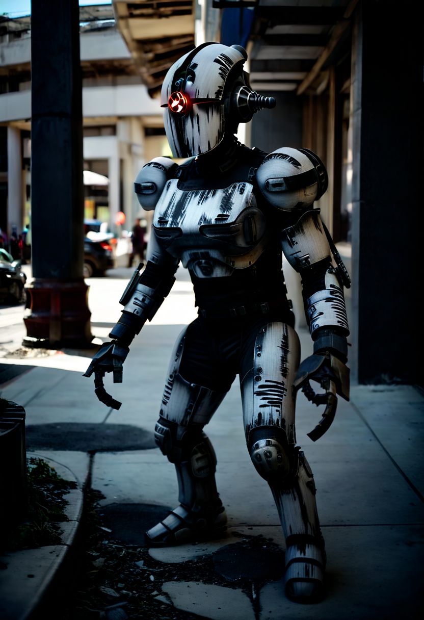 easynegative, extremely detailed, dark, chiaroscuro, low-key, AssaultronCosplay, zavy-strps, a light gray assaultron robot, ((the assaultron has black stripes painted on its armor)), ((tiger stripe pattern)), in a burned out post-apocalyptic city, falloutlandsdxl