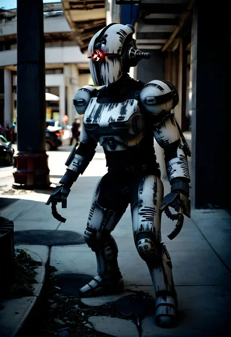 easynegative, extremely detailed, dark, chiaroscuro, low-key, AssaultronCosplay, zavy-strps, a light gray assaultron robot, ((the assaultron has black stripes painted on its armor)), ((tiger stripe pattern)), in a burned out post-apocalyptic city, falloutlandsdxl