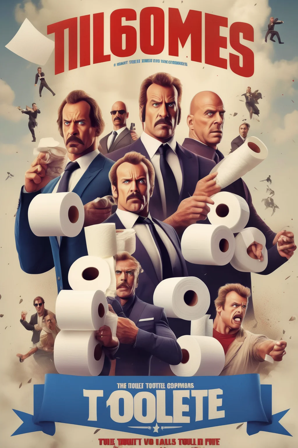 <lora:Movie Poster:1>Movie Poster - a movie poster featuring the heroic founders of a toilet paper company starring in an action movie based in Melbourne Australia.