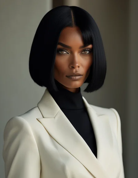 A portrait of a model with a sleek, raven-black bob, her sharp features highlighted by her intense, piercing eyes. Sheâs dressed in a tailored suit, exuding power and confidence, ready to take on any challenge that comes her way. <lora:usual-portrait-v2:1>