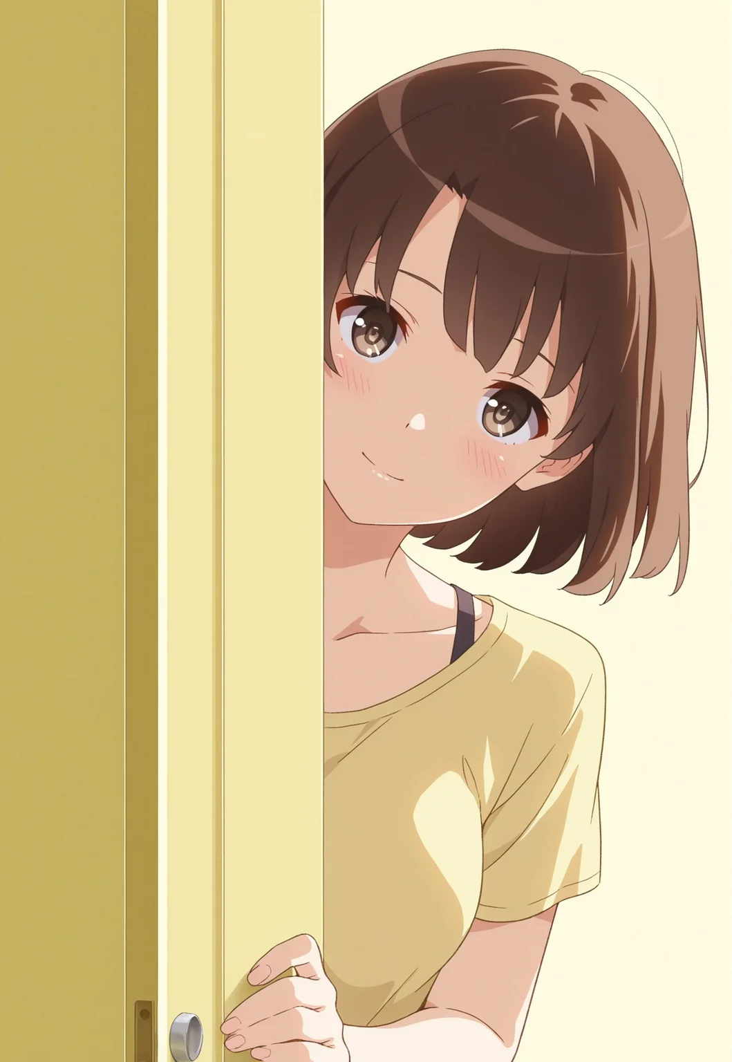 1girl, m3gum1kat0,brown hair, bangs, pupils,brown eyes,medium breasts, short hair, soft smile,
,original, masterpiece, collarbone,yellow theme,looking at viewer,head tilt,simple background,blush,
peeking from behind a door, solid yellow door, hand gripping the door edge, solid yellow background