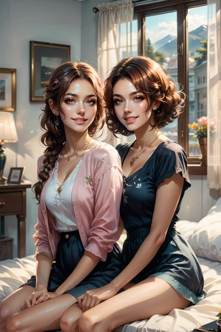 score_9_up, score_8_up, score_7_up, score_9_up, score_8_up, score_7_up, best quality, ultra highres, Casual,
2women, cozy bedroom environment, late afternoon environment, intimate theme, soft sunlight streaming through curtains, sitting on the bed facing each other, warm indoor lighting
BREAK
knitted blanket draped over their laps, potted flowers on the windowsill, a framed photo on the nightstand, soft fluffy pillows piled at the head of the bed
BREAK
1woman, long hair, braided to one side, chestnut brown hair, casual style, light pink cardigan, tender emotion, warm smile expression, holding the other woman's hands gently
BREAK
1woman, short hair, curly bob, dark auburn hair, casual style, light blue t-shirt, affectionate emotion, eyes glistening expression, leaning slightly forward, wearing a delicate necklace
(ultra realistic, 32k, masterpiece:1.2), (high detailed skin:1.1), (high quality:1.1)    <lora:Neo-Noir_XL_RE:0.6> neonoirxlre <lora:RealisticAnime:0.7>