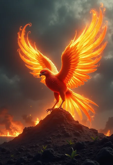 A mythical phoenix rising from the ashes, its wings ablaze with golden flames that light up the dark, stormy sky. The bird's feathers are a brilliant mix of red, orange, and gold, each one intricately detailed and glowing with inner fire. Below, the scorched earth is beginning to regenerate, with small green shoots pushing through the ash. The phoenix's expression is one of fierce determination and rebirth. The scene is both powerful and inspiring, capturing the essence of renewal. Hyper-realistic, dynamic composition, high contrast, vivid colors, cinematic, masterpiece.
