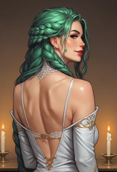 1girl, ((((back view)))), illustration, comic style, looking at viewer, highly detailed, source_comic_illustration, from front, 1girl, illustration, comic style, looking at viewer, highly detailed, source_comic_illustrationskinny, looking at viewer, 1girl, masterpiece, best quality, bloodwrackmedusa, lamia, green hair, monster girl, snake hair, <lora:Bloodwrack_Medusa:0.8> BREAK level_9, level_8_up, level_7_up, level_6_up, level_5_up, source_cartoon, masterpiece BREAK indoor, evening, candles, table, mirror, makeup, red lips, close up, looking into mirror, reflection, <lora:l1ppyXLP_r1:0.5> BREAK in the city, medieval, fantasy, BREAK slight smile, looking at viewer, BREAK long hair, red hair, hair over one eye, big hair, BREAK best quality, depth of field, bokeh, (((full clothed))) BREAK strange world background score_9, score_8_up, score_7_up, score_6_up, source_cartoon, rating_explicit, Expressiveh, ((((upper body, portrait)))))