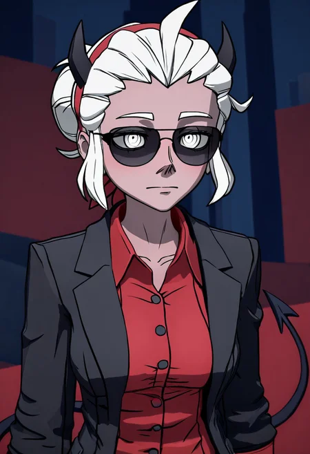 masterpiece, best quality, newest, absurdres, highres, CSGV1.0, anime coloring, 3d, 1girl, justice (helltaker), white hair, short hair, hairbun, black horns, demon girl, demon tail, eyes visible through eyewear, black jacket, open jacket, red shirt, sunglasses, tail, red hairband, blind, blind eyes, white eyes,