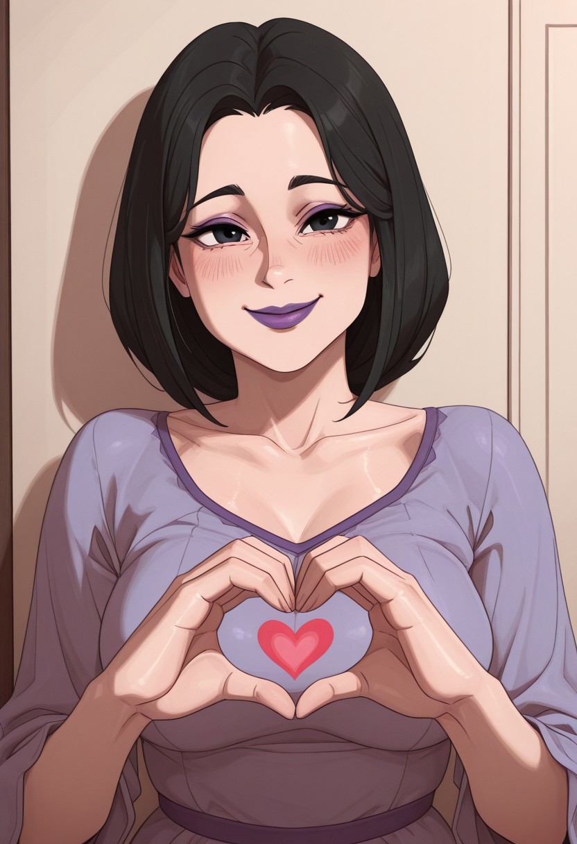 , 1girl, solo, medium build, medium hair, sfw, safe for work, covered skin, flowy dress,  black eyes, purple lipgloss, smiling, portrait, upper body, heart hands, mature female, foreshortening, detailed, newest, shiny skin, cowboy angle, solo focus, medium breasts, fenqury