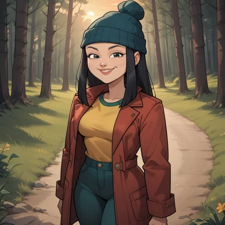 score_9, score_8, BREAK, solo, black hair, beanie, lips, red coat, yellow shirt, dark green pants, sneakers, breasts, total drama, Mary_Kate_(Total_Drama), sexy pose, self portrait, smile, outdoors, sunlight, shadows, evening lighting, natural lighting, forest, trees, grass, orange sky, sunset