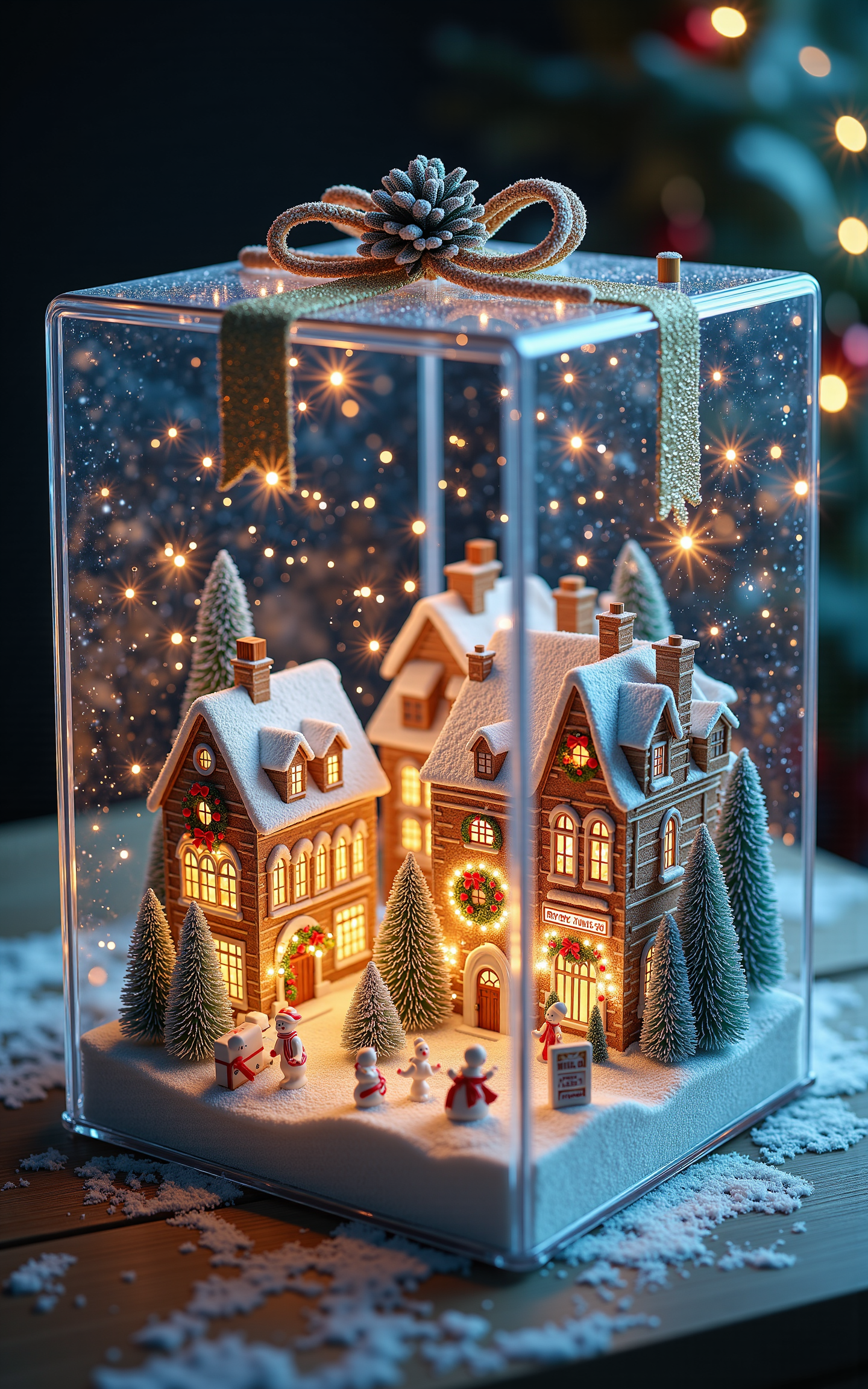A transparent Christmas gift box with a magical miniature town inside. The town features snow-covered houses decorated in a festive Christmas style, with twinkling fairy lights, wreaths, and candy canes. The scene inside the box has a glowing, ethereal light, creating a whimsical and enchanting atmosphere. Fine details include tiny people enjoying Christmas activities, a decorated Christmas tree in the town square, and gentle snowfall visible inside the box. The entire composition is vivid and dreamy, evoking a sense of wonder. <lora:aidmaMJ6.1v0.4:0.6> aidmaMJ6.1
