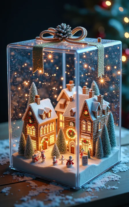 A transparent Christmas gift box with a magical miniature town inside. The town features snow-covered houses decorated in a festive Christmas style, with twinkling fairy lights, wreaths, and candy canes. The scene inside the box has a glowing, ethereal light, creating a whimsical and enchanting atmosphere. Fine details include tiny people enjoying Christmas activities, a decorated Christmas tree in the town square, and gentle snowfall visible inside the box. The entire composition is vivid and dreamy, evoking a sense of wonder. <lora:aidmaMJ6.1v0.4:0.6> aidmaMJ6.1