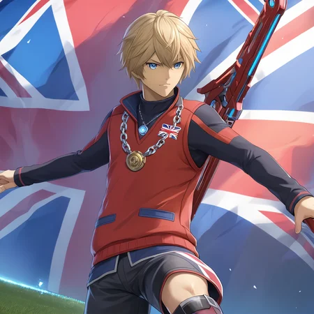1boy, solo, ShulkXBXL, <lora:ShulkXBXL:.9>, (union jack) british flag, soccer, weapon, [blue] eyes, necklace, boots, red vest, long black sleeves, ("Xenoblade"), (anime, masterpiece, intricate:1.3), (best quality, hires textures, high detail:1.2), (4k),(incredibly detailed:1.4),UHD, 8K, ultra detailed