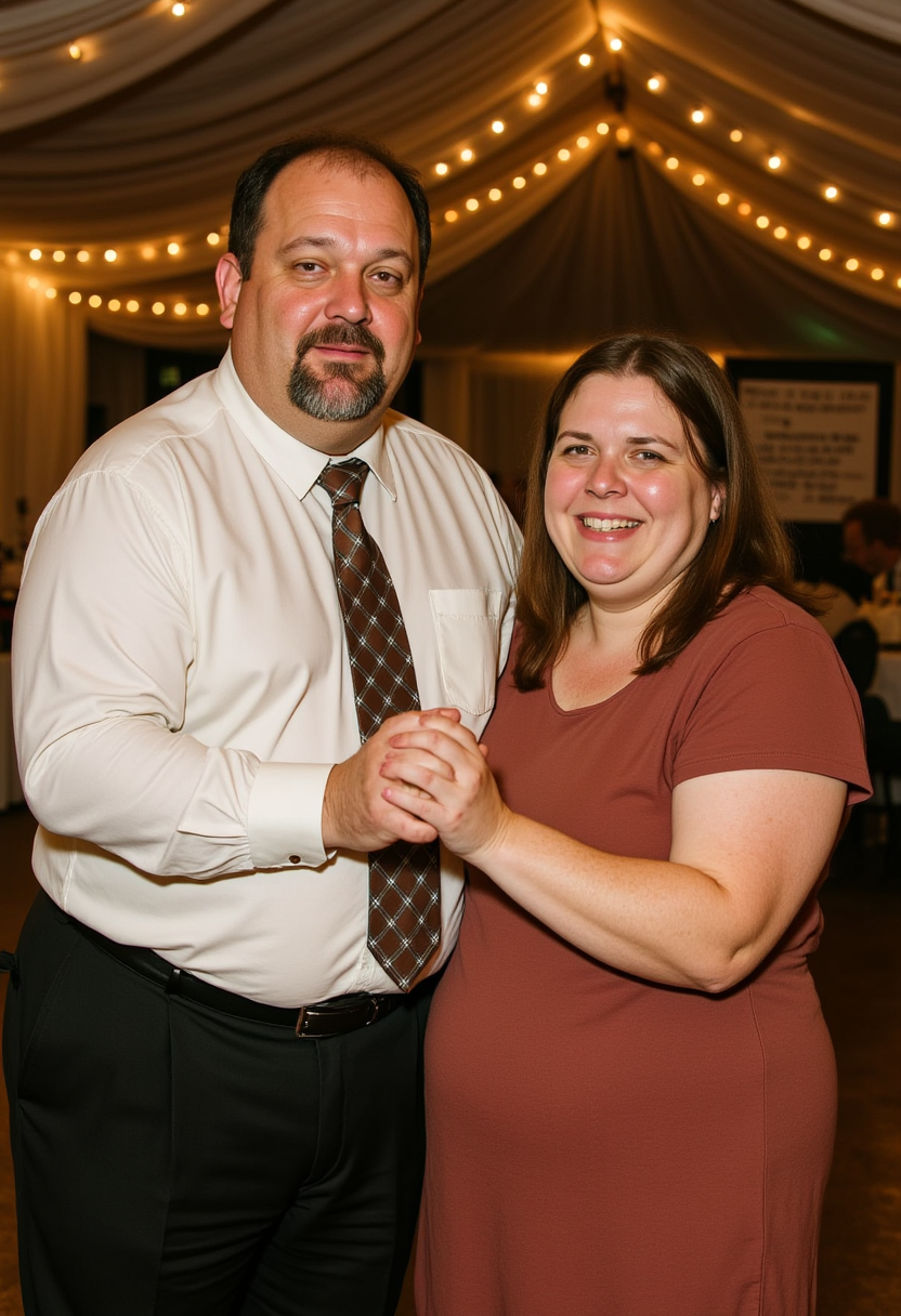 a man and woman standing next to each other in front of a tent, holding hands. The man is wearing a white shirt and a tie, while the woman is wearing an unknown color. In the background, there is a board with something written on it, and the tent is decorated with lights and curtains.