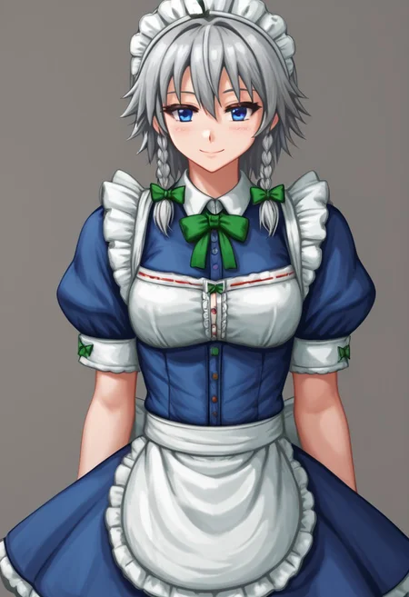 score_4,score_5,score_6,score_7_up,score_8_up,score_9
((masterpiece,best quality,ultra detailed,highres,HD,4k:1.2)),
1 cute girl,solo,
izayoi sakuya,izayoi sakuya,silver hair,blue eyes,maid headdress,maid,hair bow,maid, maid headdress, maid apron,
smile,