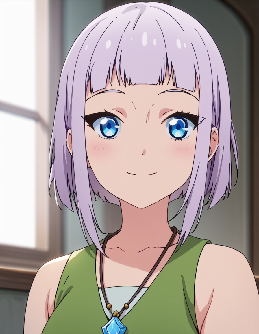 score_9, score_8_up, score_7_up, score_6_up, score_5_up, score_4_up, source_anime, , Linea, short hair, purple hair, blunt bangs, blue eyes,   soft smile, portrait