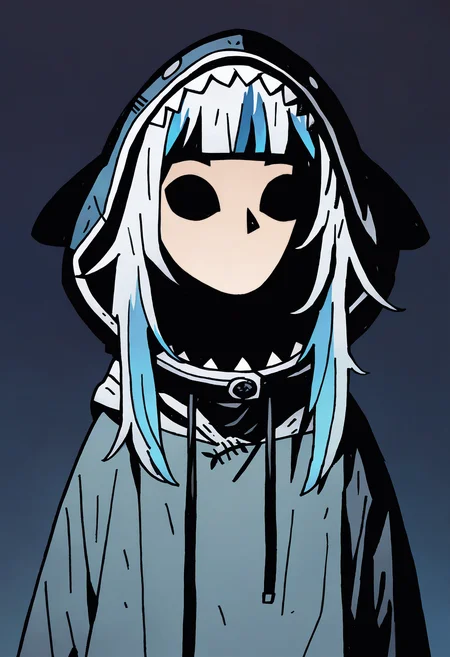 1girl, solo, gawr gura, blue background, dark background, solid eyes, hoodie, 
masterpiece, best quality, <lora:Mike_Mignola-guy90-Illust-Lycorisv1:1> alomik