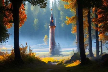realistic analog photo, award winning photo, vary wide shot of stone witow tower:1.3, no humans, scenery, blue sky, auwo, in a autumn forest, dirt road, lush grassland, Wildflowers, nature, outdoors, RAW, highres, 8k, uhd, High Dynamic Range, tonemapping, crisp details,