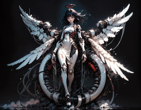 score_9, score_8_up, score_7_up, score_6_up, score_5_up, score_4_up, (kanji, chinese characters, full body:1.2), angel wings, embedding:zPDXL, 1girl, solo, breasts, very long hair, bangs, simple background, black hair, red eyes, closed mouth, weapon, small breasts, blunt bangs, medium hair, looking at viewer, wide hips, thighs, floating hair, expressionless, black background, science fiction, android, cable, mechanical arms, cyborg, robot joints, mechanical parts, tube, spine